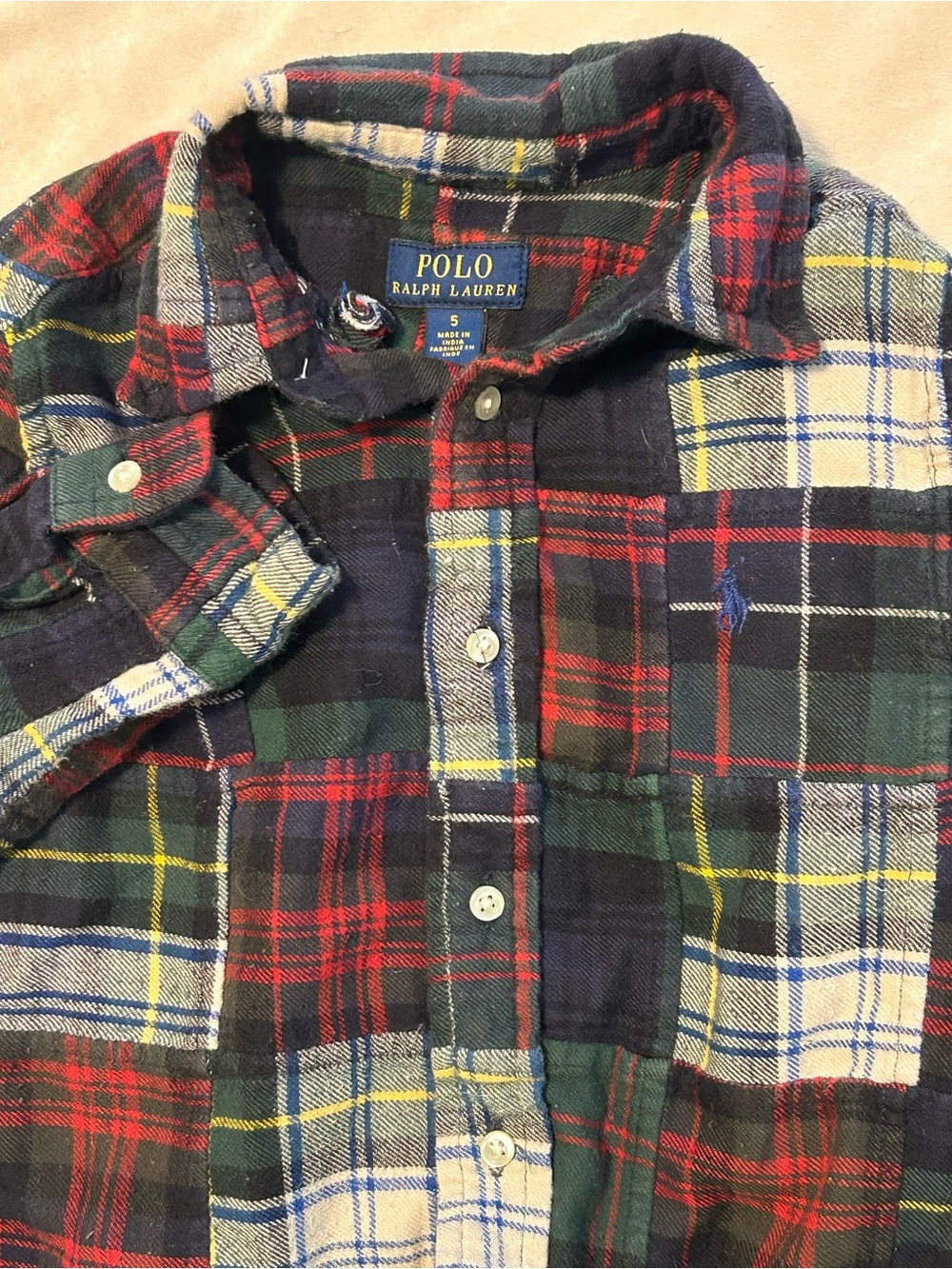 Polo Ralph Lauren Boys Size 5 Patchwork Plaid Flannel Button Up Shirt Cotton